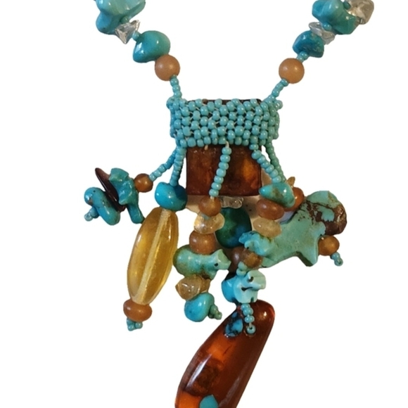 Vintage Native American Turquoise and Amber Beaded Lariat Fetish Bear Necklace - Picture 7 of 14